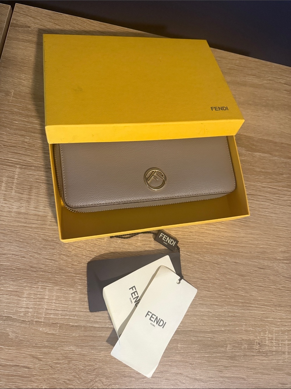 Authentic Fendi Beige Zip-Around Leather Long Wallet with Gold Logo 8 card slots